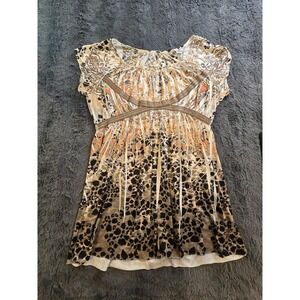 Mixed Print Empire Waist Tunic Top Leopard Floral Cap‎ Sleeve Brown Coral 4270N